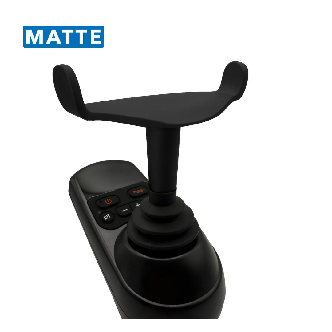 ComfyGo Ergonomic U-Shaped Joystick Handle with Flex Shaft for Powerchairs, in matte black finish, featuring ergonomic design and multiple buttons. Displayed on white background with MATTE in a blue box at the top left.